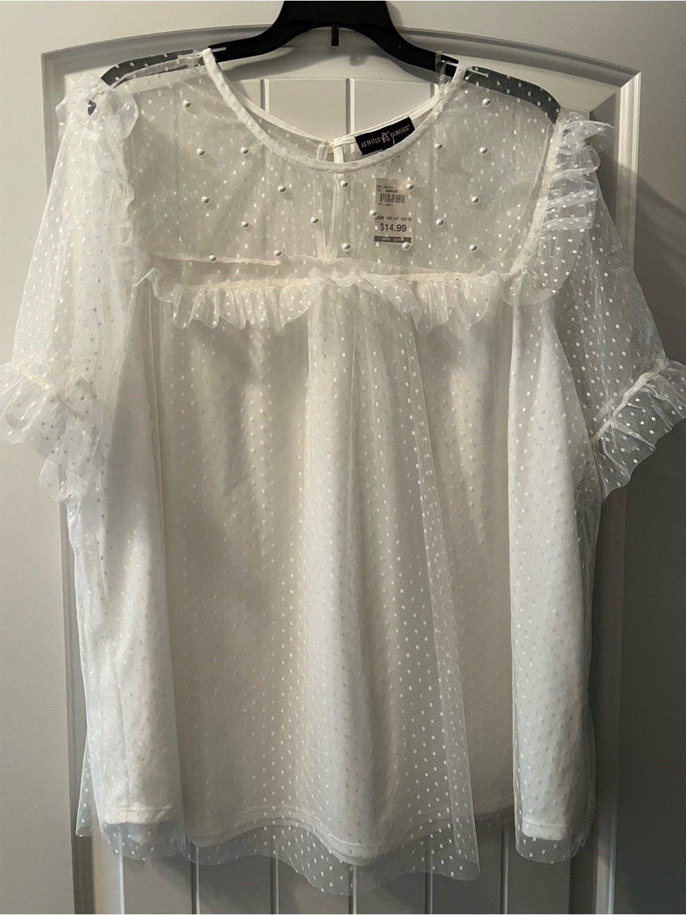 Almost Famous White Sheer Dot Ruffle Blouse